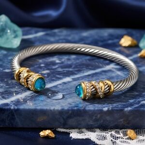 Dazzling Two-Tone 18K Gold Plated Cable Cuff Bracelet Turquoise Crystals
